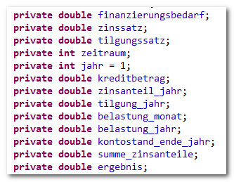 Darlehnsrechner, Attribute deklarieren, Java