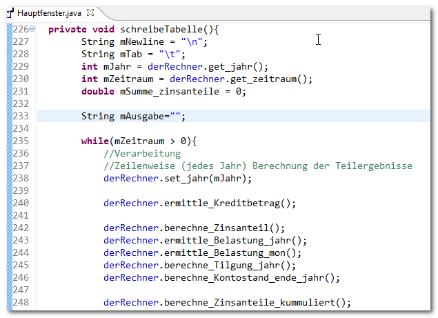 Darlehnsrechner, Methode schreibe Tabelle (Finanzplan anzeigen) Teil1, View, Java