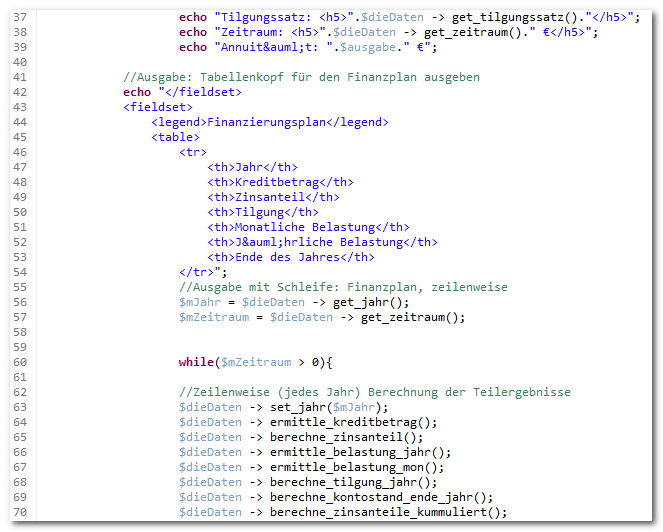 Darlehnsrechner, Ergebnis und Finanzplan ermitteln und anzeigen Teil2, View, PHP