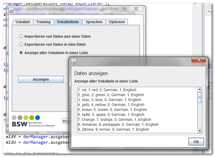 Vokabeltrainer Daten Anzeigen