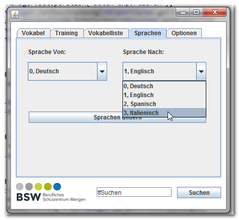 Vokabeltrainer Sprachwahl konfigurieren