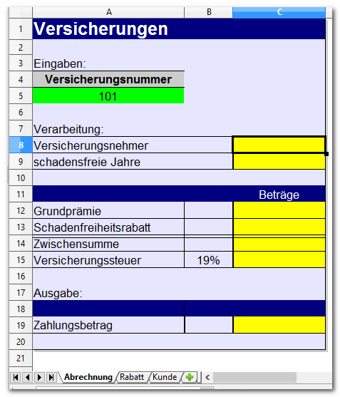 Versicherungen, Tabelle Abrechnung
